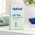 Tipkind Lift Tips on a bathroom shelf.