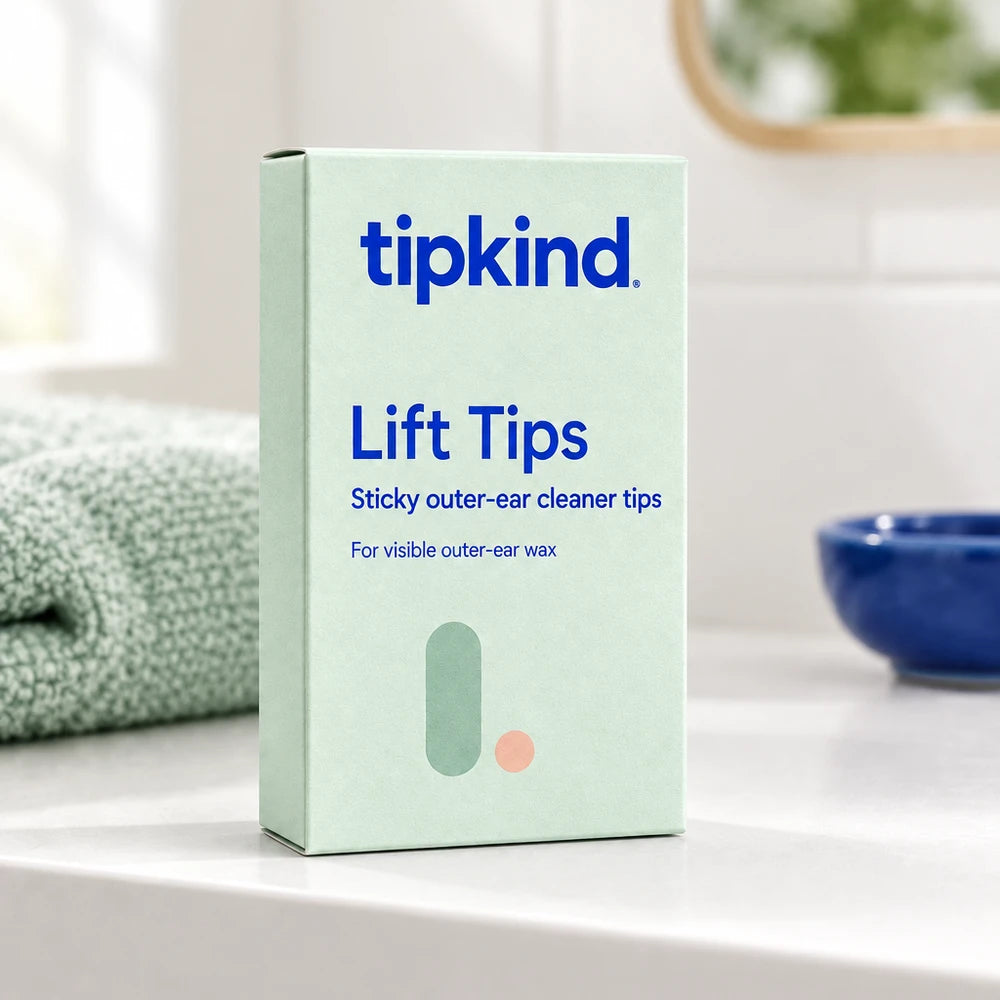 Tipkind Lift Tips on a bathroom shelf.
